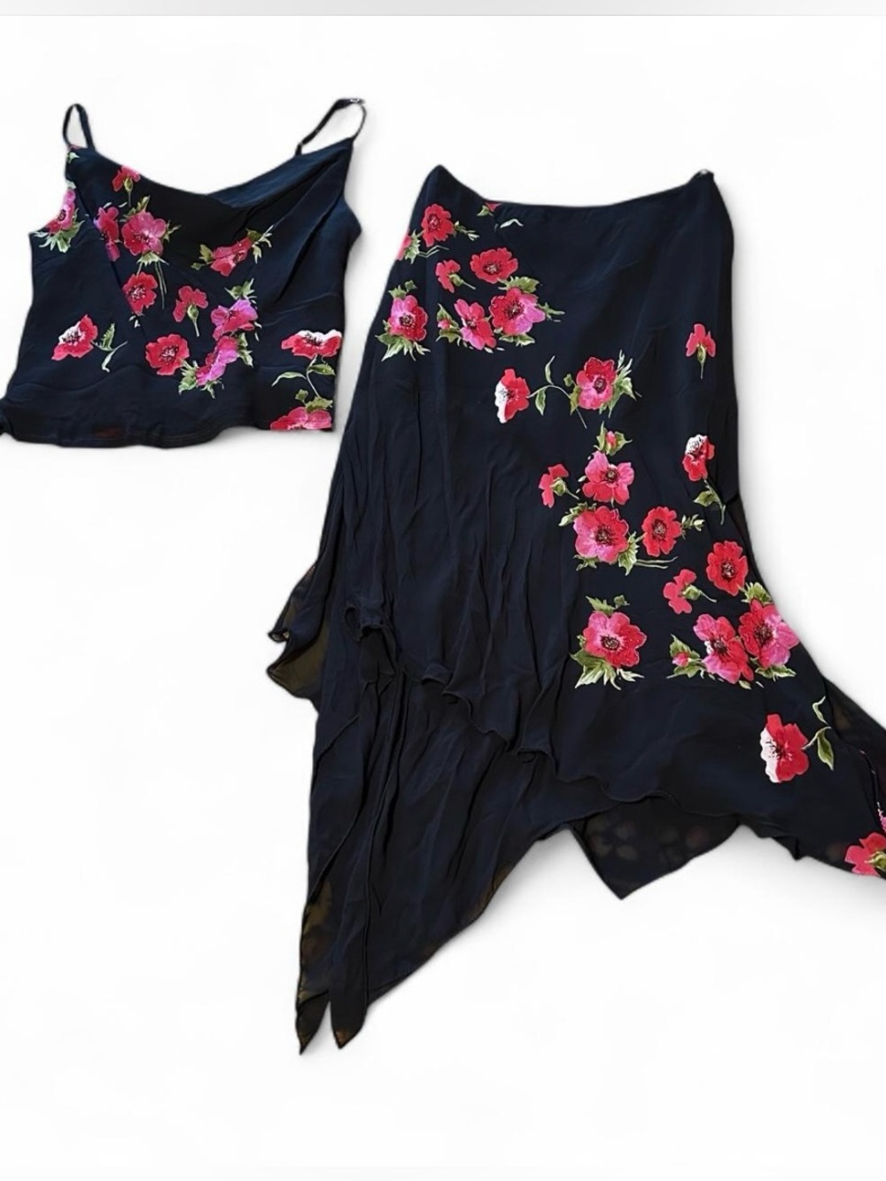 vintage Rene Derhy collection black, red/pink floral print beaded tank skirt set